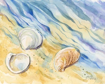 Shells on beach original watercolor, postcard art
