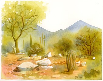 Original desert watercolor, with barrel cactus, trees and mountain