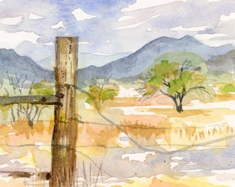 Original watercolor landscape, small postcard art