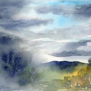 Nuages orageux, petite aquarelle originale