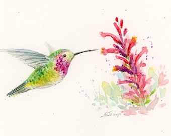 Hummingbird and flowers, original watercolor art