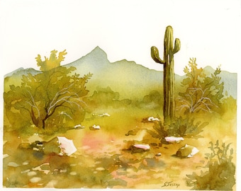 Original desert watercolor, with saguaro cactus and mountain