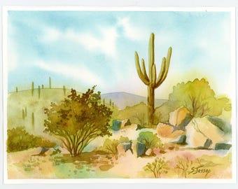 Saguaro cactus in the desert, Small original watercolor painting