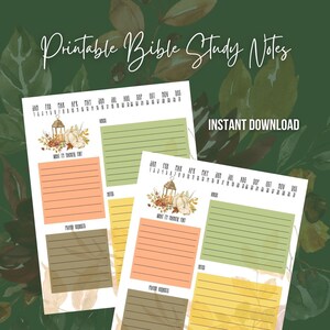 May include: Printable Bible study notes with a fall theme. The notes feature a calendar, space for verses, what you're thankful for, prayer requests, and notes.
