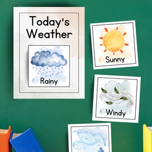 May include: A weather chart with the text "Today's Weather." Features watercolour illustrations of rainy, sunny, windy, and cold weather conditions. The images are set against a green backdrop.