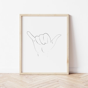 Shaka Hand Drawing Art Print, Boho Wall Decor, Minimal Print, Art Prints, Downloadable Prints, Hand Sign Wall Art, Office Wall Print