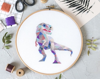 Patrón de punto de cruz de dinosaurio TRex PDF / Diseños de bordado geométrico moderno