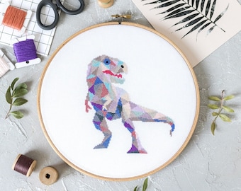 TRex Dinosaur Cross Stitch Pattern PDF | Modern Geometric Embroidery Designs