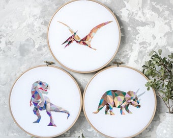 Cross Stitch Pattern Set Dinosaurs - T-Rex, Triceratops, Pterodactyl Embroidery Charts