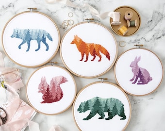 Cross Stitch Pattern Animals Set - Fox, Wolf, Bear, Hare, Squirrel Forest Silhouette, Easy Embroidery Designs