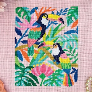 Toucans – Tropical Cross Stitch PDF Pattern | Jungle Landscape with Exotic Plants | Modern Hand Embroidery Design | Counted Chart