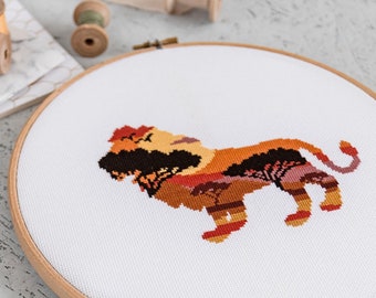 Savannah Silhouette Lion Cross Stitch Pattern PDF | Modern Hand Embroidery Designs
