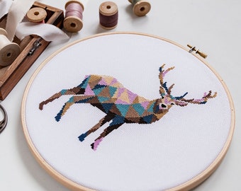 Geometric Deer Cross Stitch Pattern PDF | Modern Animal Embroidery Designs to Download