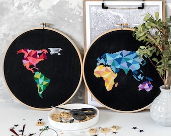 Geometric World Map Cross Stitch Pattern PDF | Planet Embroidery Digital File to Download