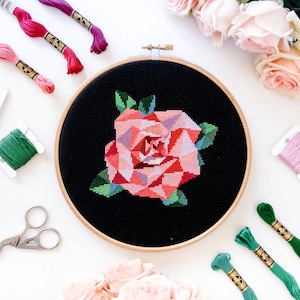 Rose Cross Stitch Pattern PDF Modern Floral Design image 1