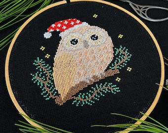 Patrón de punto de cruz de búho navideño en PDF / Adorno de invierno rápido / Diseño XStitch moderno para principiantes / Gráfico de bordado navideño / Proyecto festivo