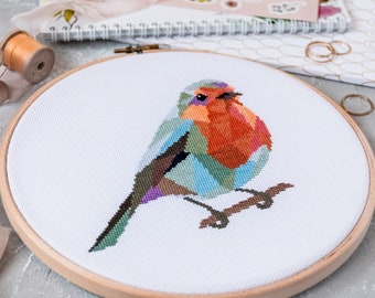 Modèle de point de croix Robin PDF - broderie d'oiseau moderne, fichier imprimable facile à lire