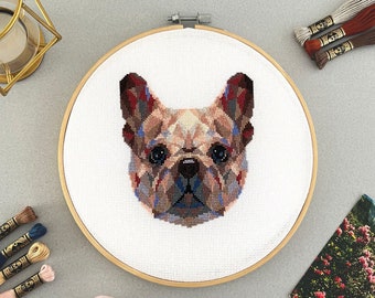 Geometric French Bulldog Cross Stitch Pattern PDF - Modern Dog Portrait Counted Cross Stitch Design, Easy-to-follow Embroidery Chart