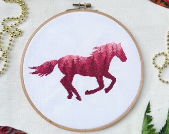 Patrón de punto de cruz de silueta de caballo en el bosque - Descarga digital en PDF - Diseño natural moderno para amantes de los caballos - Gráfico fácil para principiantes