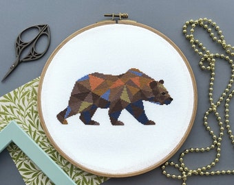 Geometric Bear Cross Stitch Pattern, Modern Hand Embroidery Design, Xstitch Animal Chart PDF