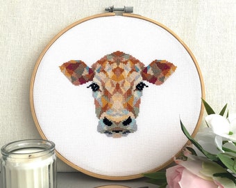 Geometric Cow Cross Stitch Pattern, Modern Farm Animal Hand Embroidery Design, Counted Easy for Beginners Xstitch Chart