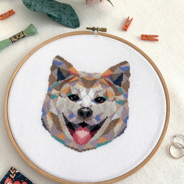 Akita Inu Dog Cross Stitch Pattern PDF | Modern Hand Embroidery Design for Beginners