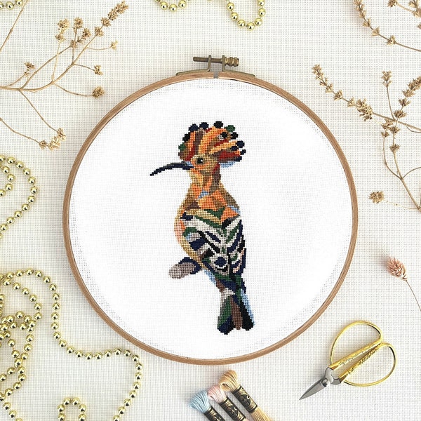 Geometric Hoopoe Cross Stitch Pattern PDF. Modern Bird Hand Embroidery Design, Easy-to-read Counted Xstitch Chart
