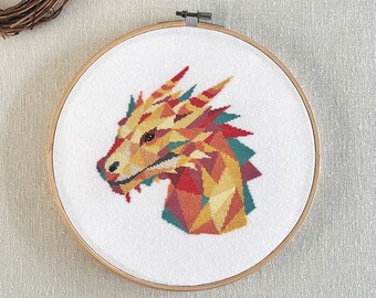 Geometric Dragon Cross Stitch PDF Pattern, Modern Fantasy Hand Embroidery Design, Counted Easy for Beginners Xstitch Chart