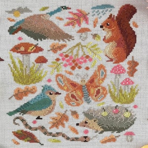 Fall Cross Stitch Pattern | Autumn Seasonal Embroidery Design | Leaves, Mushrooms & Woodland Animals | Cross Stitch Project for All Levels