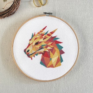 Geometric Dragon Cross Stitch PDF Pattern, Modern Fantasy Hand Embroidery Design, Counted Easy for Beginners Xstitch Chart image 1