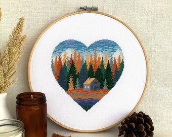 Fall Landscape Cross Stitch Pattern PDF. Modern Autumn Hand Embroidery Design. Counted Xstitch Chart.