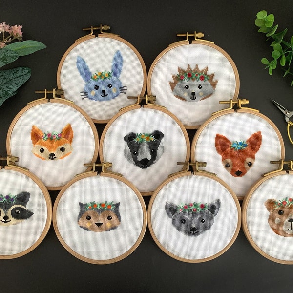 9 Woodland Baby Animals Cross Stitch Patterns Bundle, Modern Counted Xstitch Charts, Tiny Hand Embroidery Designs, Cute Floral Small