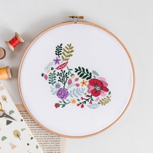 Floral Rabbit Cross Stitch Pattern PDF | Modern Counted Hand Embroidery Design