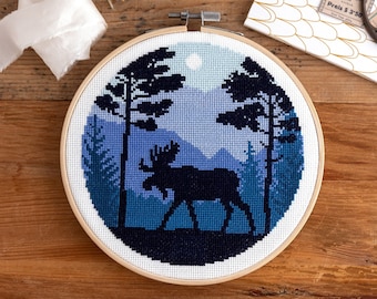 Moose Forest Landscape Cross Stitch PDF Pattern - Modern Design, Easy Counted Xstitch Chart
