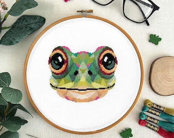 Frog Cross Stitch Pattern PDF - Modern and Unique Geometric Hand Embroidery Design for Both Beginners and Experienced Stitchers.