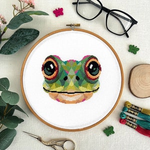 May include: A cross-stitch embroidery hoop with a colorful frog design. The frog has large, round eyes and a wide smile. The hoop is made of wood and has a white fabric background.