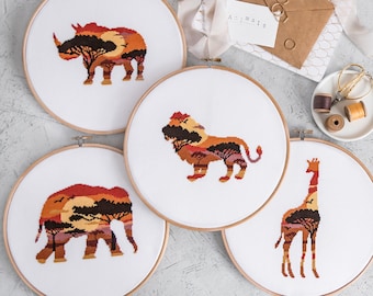 4 Animals Cross Stitch Patterns Set - Lion, Rhino, Elephant and Giraffe. Savannah Silhouette Embroidery Designs