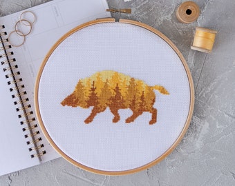 Simple Cross Stitch Pattern PDF to Download | Wild Boar Animal Hand Embroidery Design