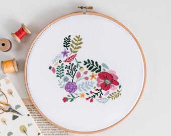 Floral Rabbit Cross Stitch Pattern PDF | Modern Counted Hand Embroidery Design
