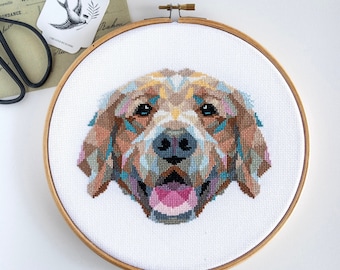 Golden Retriever Cross Stitch Pattern PDF | Modern Dog Embroidery Design
