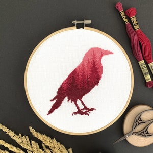 Free Raven Forest Silhouette Cross Stitch Pattern Complimentary Digital PDF Hand Embroidery Design to Download image 1