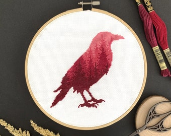 Free Raven Forest Silhouette Cross Stitch Pattern | Complimentary Digital PDF Hand Embroidery Design to Download