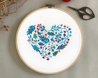 Winter Heart Cross Stitch Pattern PDF | Modern Christmas Hand Embroidery Design | Counted Xstitch Chart