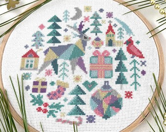Patrón de punto de cruz navideño en PDF / Diseño moderno de adorno navideño / Bordado a mano festivo y brillante / Decoración navideña