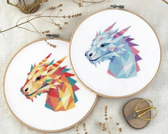 Geometric Dragon Cross Stitch PDF Pattern, Modern Fantasy Hand Embroidery Design, Counted Easy for Beginners Xstitch Chart