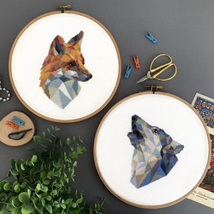 2 Cross Stitch Patterns - Geometric Fox and Wolf Modern Designs PDF. Animal Pattern Keeper Compatible Cross Stitch Charts