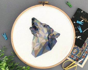 Geometric Howling Wolf Cross Stitch Pattern PDF - Modern Animal Hand Embroidery Design. Easy-to-Read Pattern Keeper Compatible Xstitch Chart