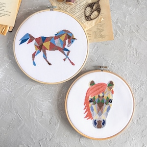 Op de afbeelding: Twee borduurringen met kruissteekontwerpen van paarden. De eerste ring heeft een geometrisch paard met een blauw, rood en geel kleurenschema. De tweede ring heeft een paardenkop met een roze, blauw en geel kleurenschema.