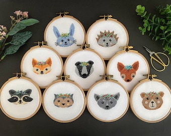 9 Woodland Baby Animals Cross Stitch Patterns Bundle, Modern Counted Xstitch Charts, Tiny Hand Embroidery Designs, Cute Floral Small