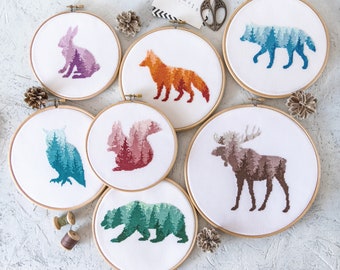 7 Cross Stitch PDF Patterns Bundle - Fox, Wolf, Bear, Moose, Owl, Rabbit, Squirrel Hand Embroidery Designs